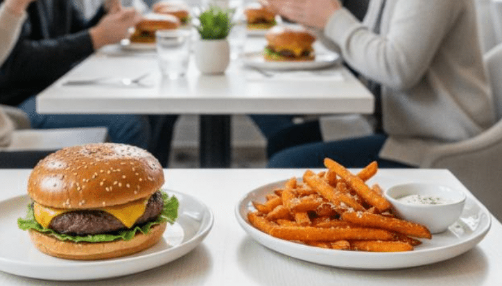 Happy customers eating burgers inside a modern fast food restaurant