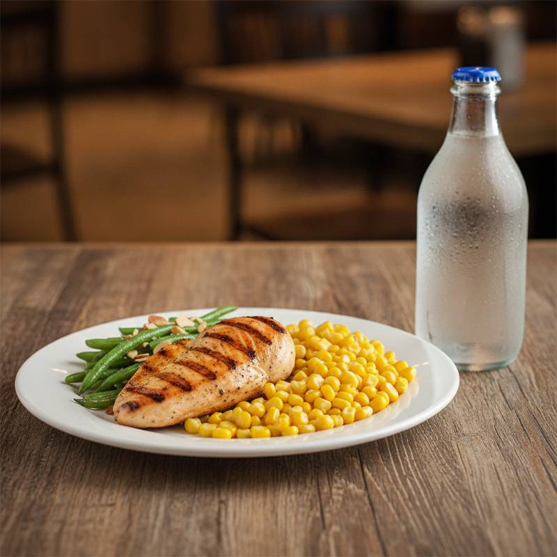 A balanced fast food meal with KFC grilled chicken, green beans, and water.