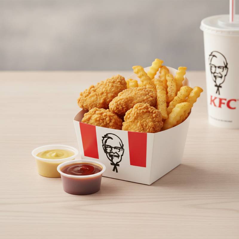 A KFC five dollar individual meal deal on a clean wooden table