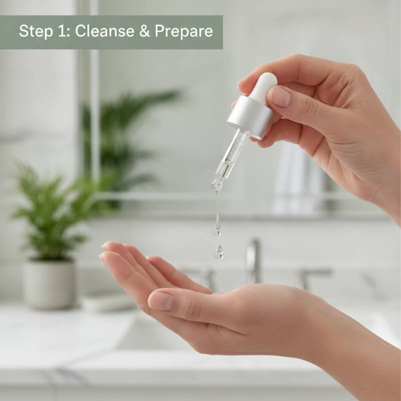 Hand applying liquid exfoliant to face.