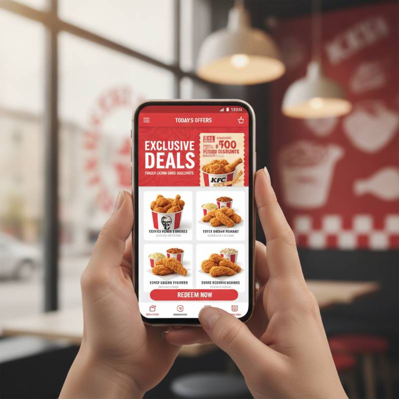 A person using a smartphone with the KFC mobile app