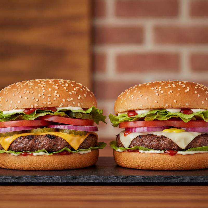 A side by side comparison of a Burger King Whopper and a Wendy's Dave's Single burger on a clean wooden table