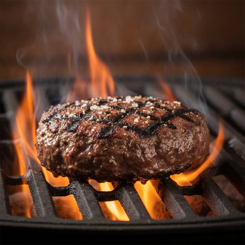 A Burger King beef patty being flame-grilled over open flames with visible smoke and char marks