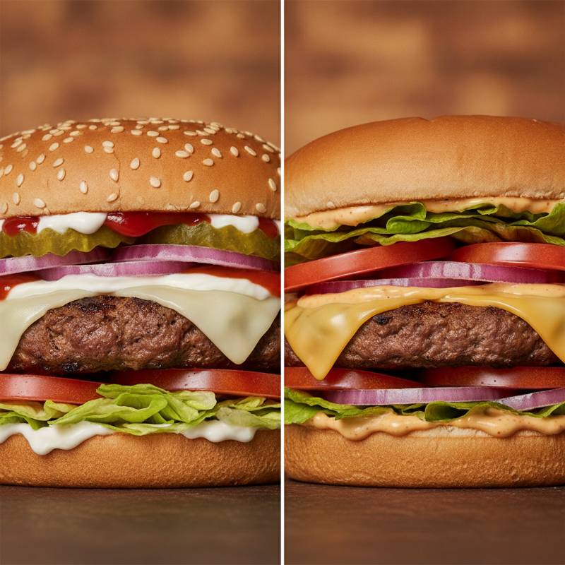 Close up details of a Burger King Whopper and a Wendy's Dave's Single showing ingredients
