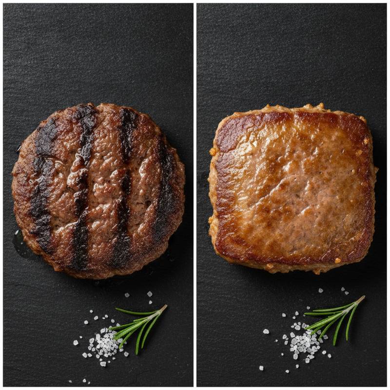 High quality fast food beef patties showing texture difference between flame-broiled and flat-top cooked