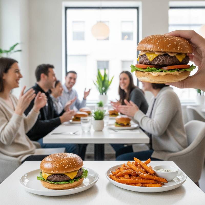 Happy customers eating burgers inside a modern fast food restaurant