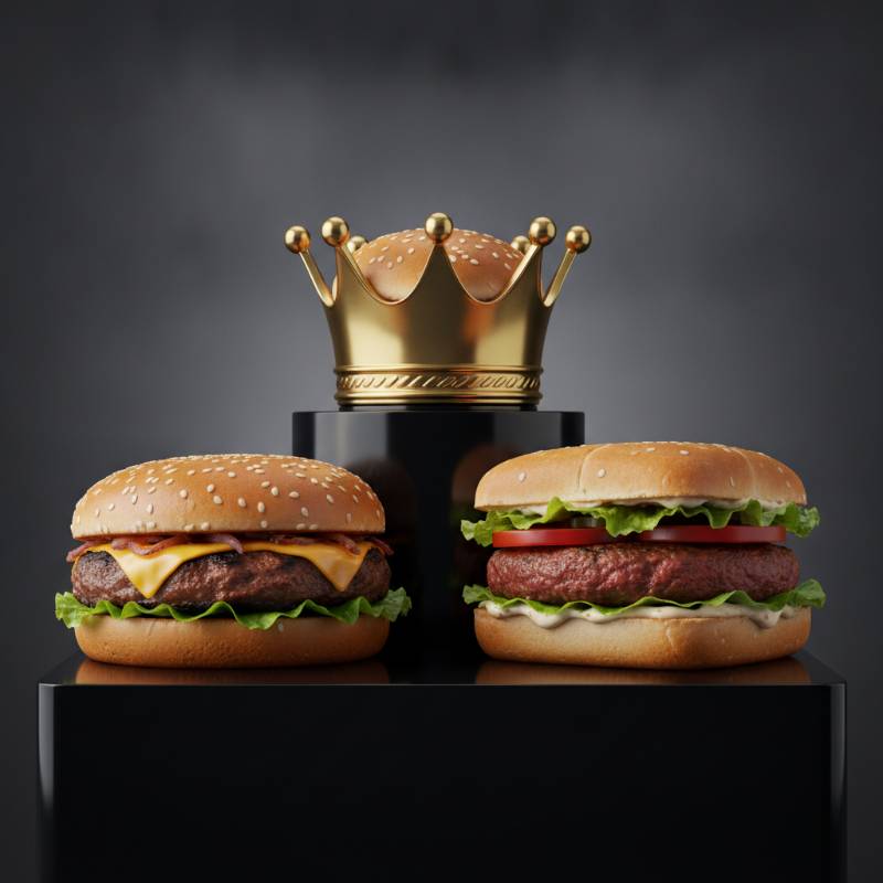 A golden crown sitting between a flame-broiled burger and a square fresh beef burger
