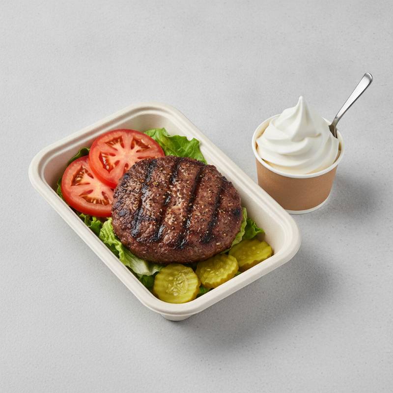 Burger King gluten free menu options showing a bunless burger in a clean carton with fresh lettuce and tomato next to a cup of soft serve.