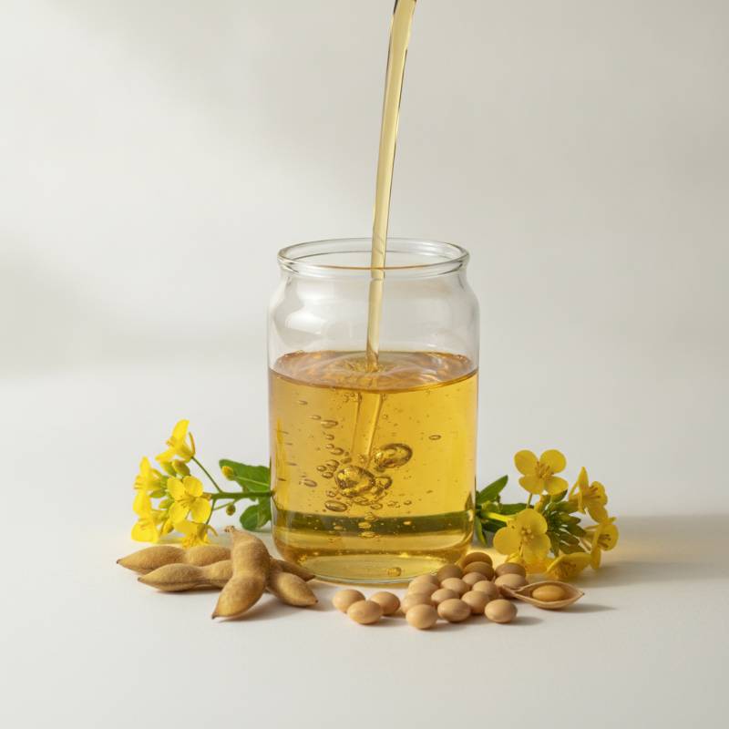 Pouring clear vegetable oil into a clean glass container to show peanut-free cooking oil.
