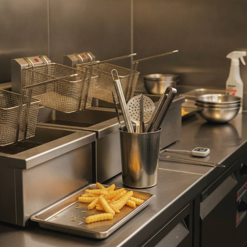 A fast food kitchen showing shared cooking equipment and fryers.