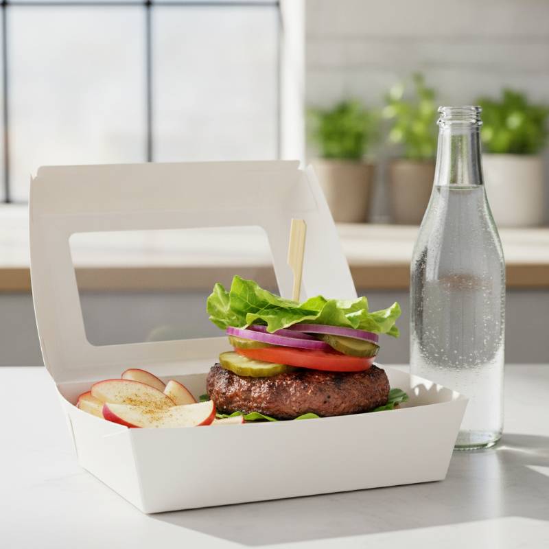 A clean and safe fast food meal with fresh fruit and water.