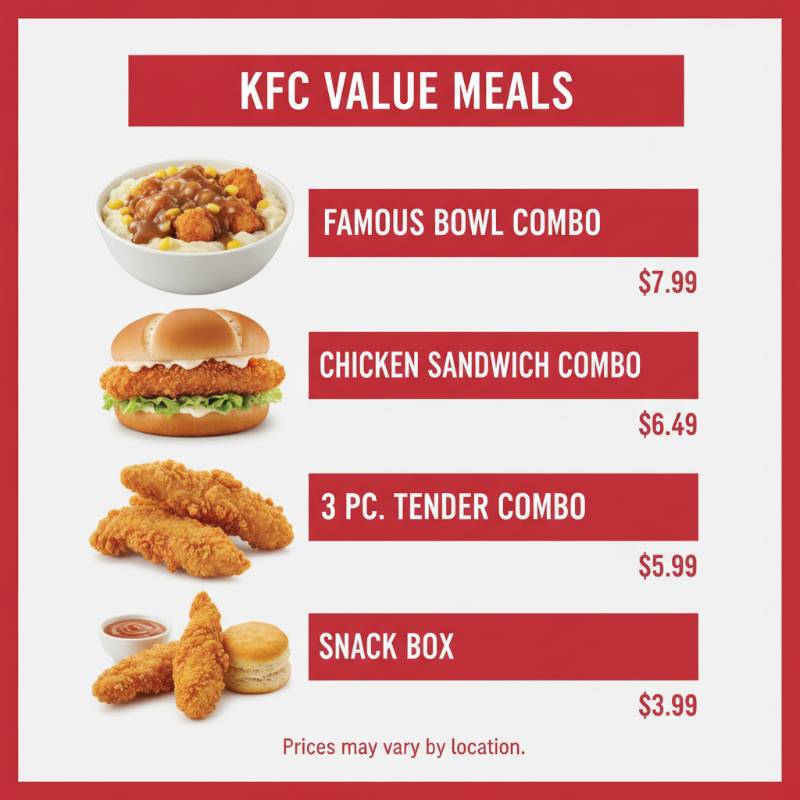 A table list of cheap KFC meals and prices