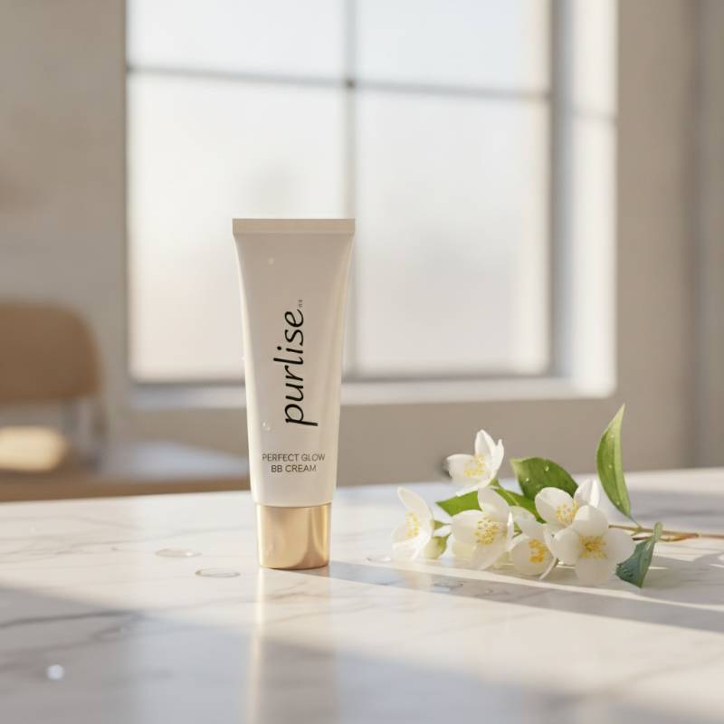 Purlisse Perfect Glow BB Cream tube on a clean vanity table with soft natural light