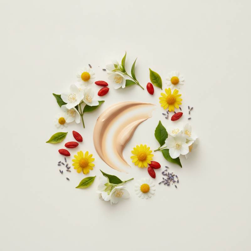 Key natural ingredients of Purlisse BB Cream including jasmine petals and goji berries