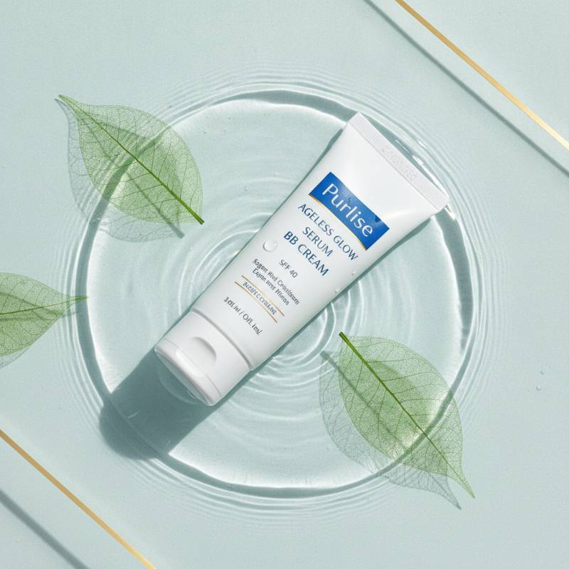 Purlisse Ageless Glow Serum BB Cream tube with anti-aging skincare imagery