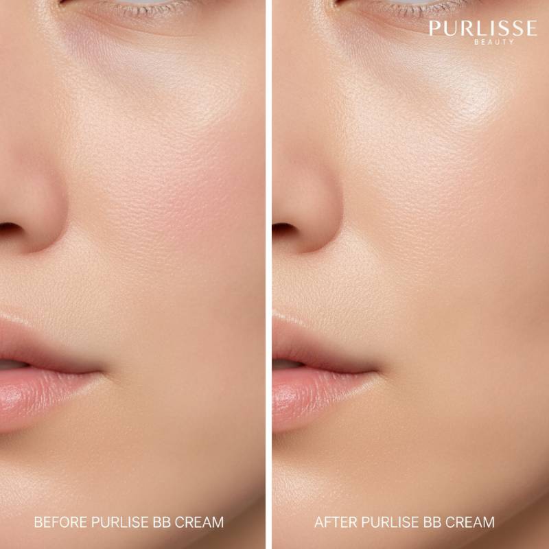 Purlisse BB Cream before and after comparison showing natural coverage