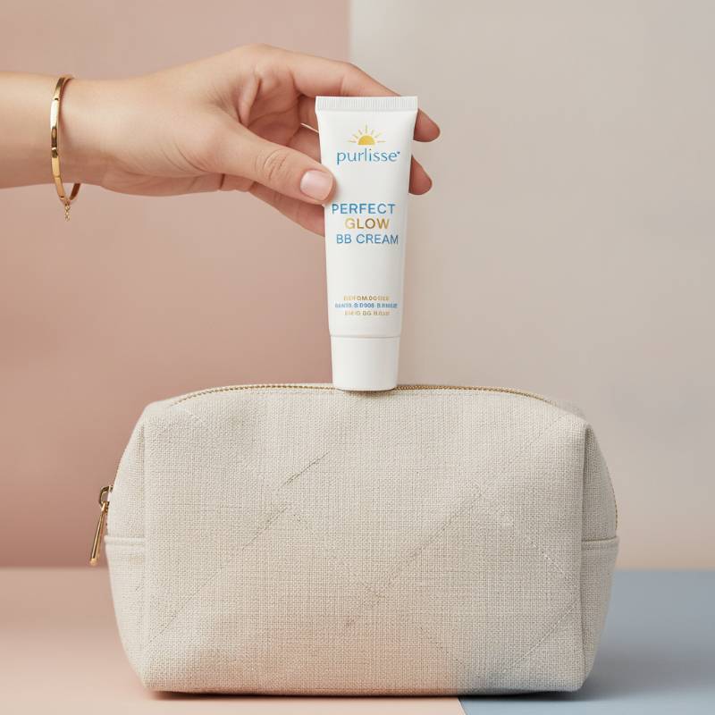 Purlisse BB Cream next to a clean makeup bag and a hand holding the tube