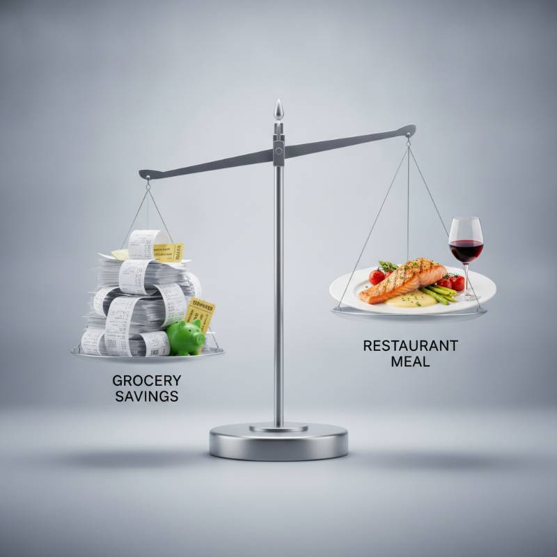 A scale balancing a wallet and a plate of food, representing value comparison.