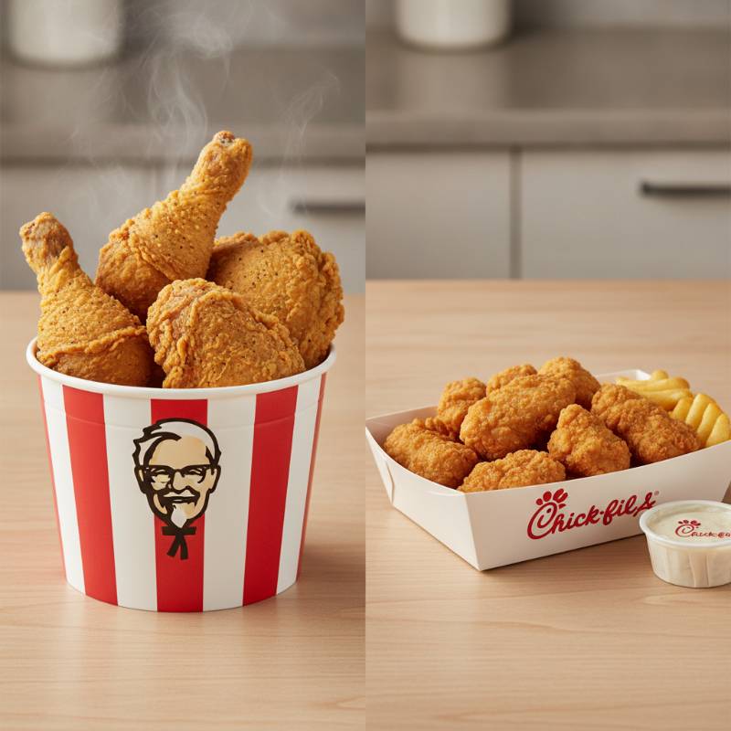 KFC original recipe chicken bucket next to Chick-fil-A chicken box