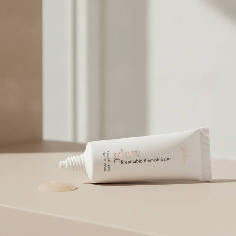 glow Breathable Blemish Balm tube showing its light watery texture on skin