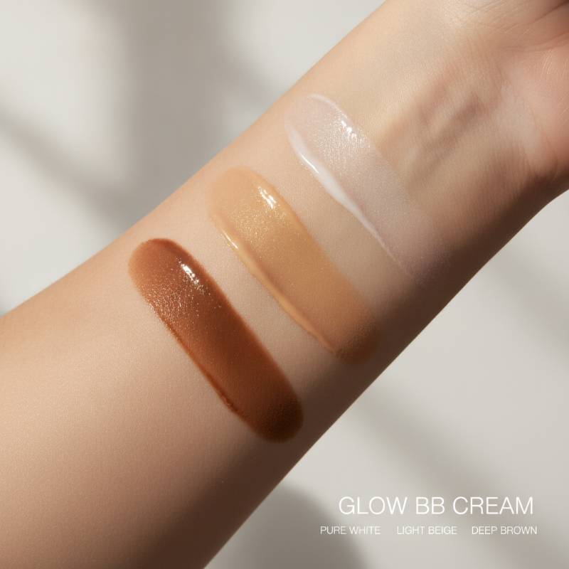 Swatches of glow BB cream shades White, One, and Brown on skin