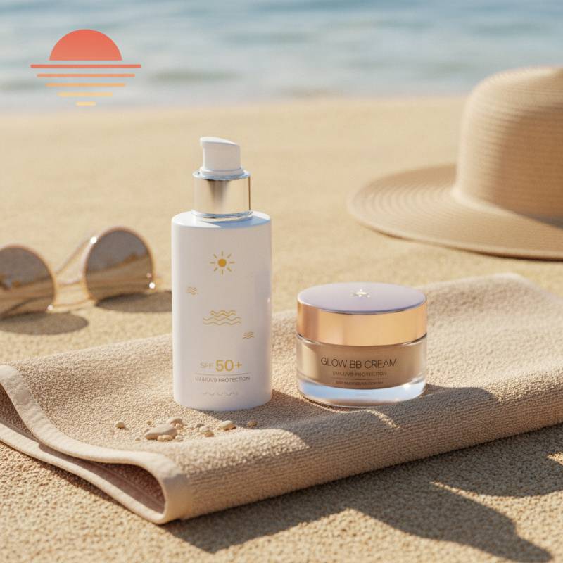 Sunscreen bottle next to glow BB cream for dry skin protection