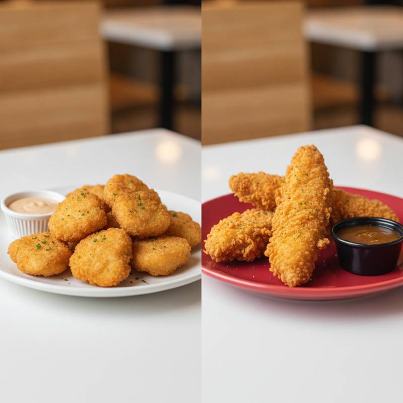 Chick-fil-A nuggets and KFC chicken tenders on plates