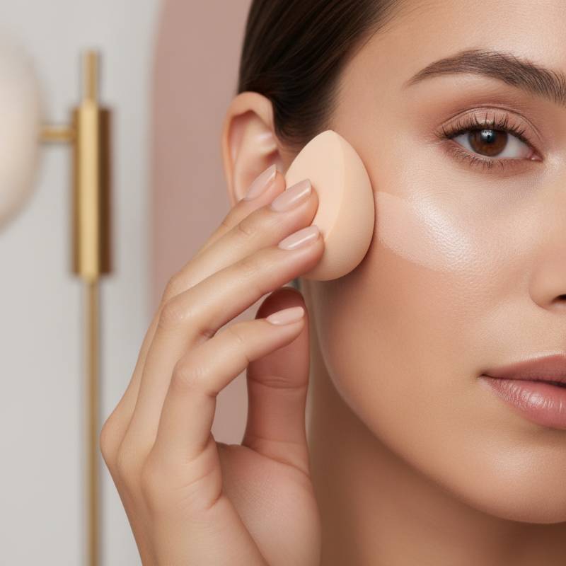 Hand applying glow BB cream with a beauty sponge