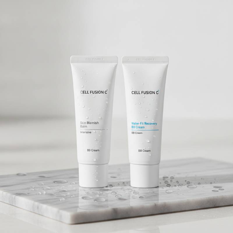 Cell Fusion C BB Cream tubes side by side on light marble background