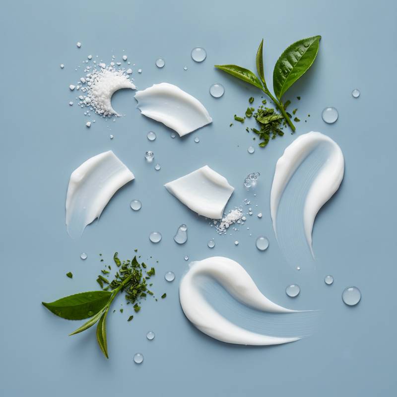 Clean flat lay representing ceramides, peptides, and green tea skincare ingredients