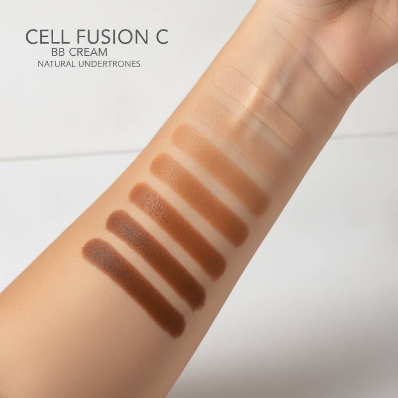 Swatches of Cell Fusion C BB Cream on a forearm showing six shades