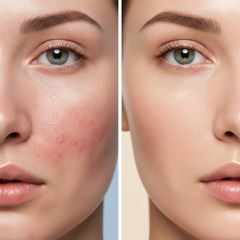 Before and after skin texture comparison showing natural coverage of redness