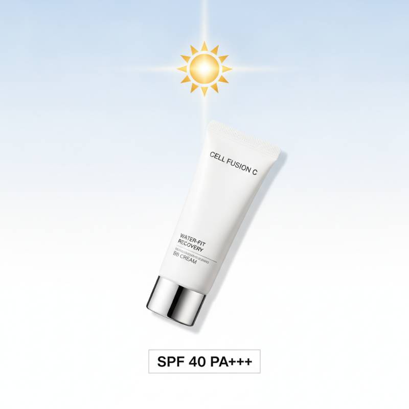 Sun protection icon next to a tube of Water-Fit Recovery BB cream