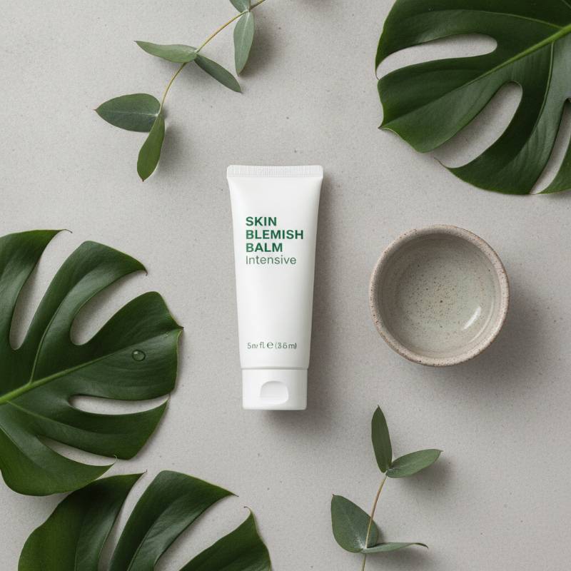 Skin Blemish Balm Intensive tube surrounded by green leaves