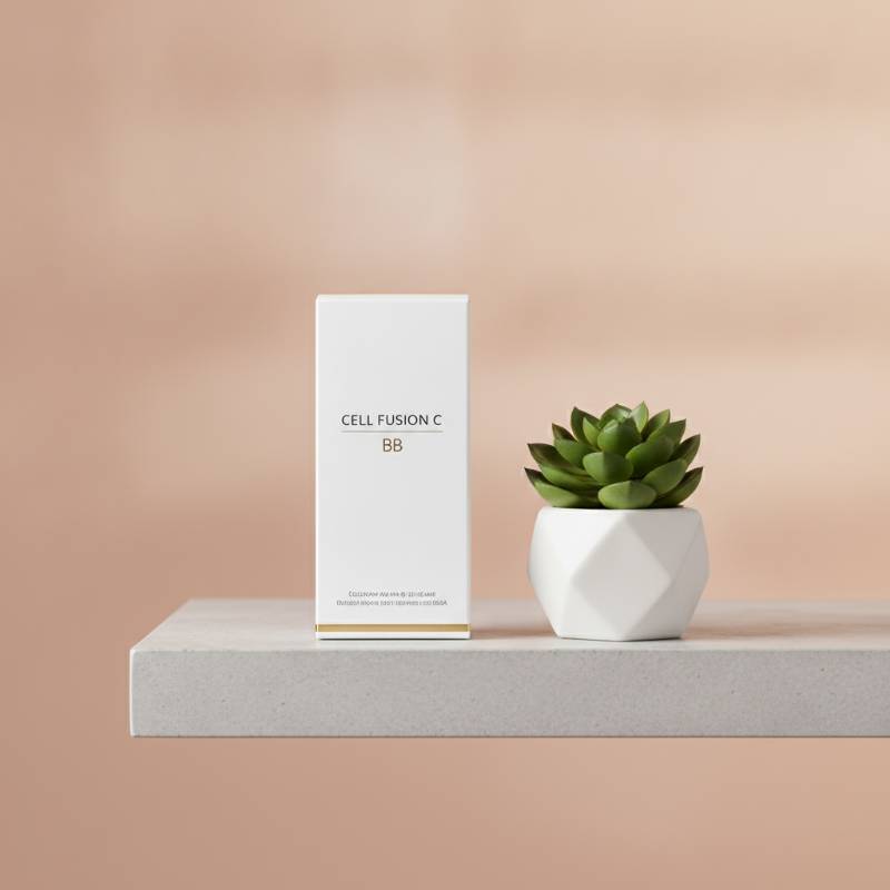 Sleek box of Cell Fusion C BB cream on a modern vanity shelf