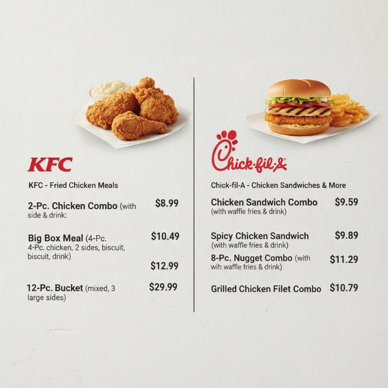 Fast food menu board showing prices for KFC and Chick-fil-A