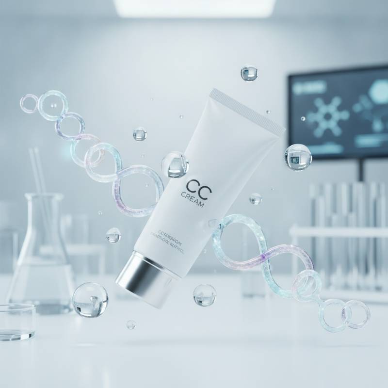 Skincare ingredients like hyaluronic acid and peptides displayed near a CC cream tube