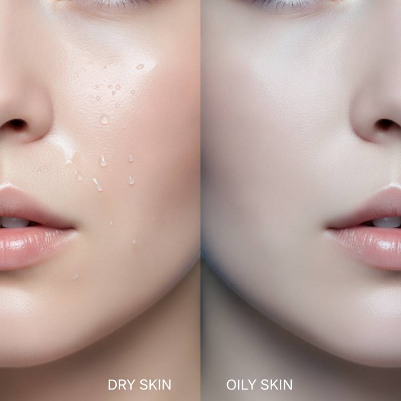 Splitting image showing dry skin vs oily skin results with CC cream