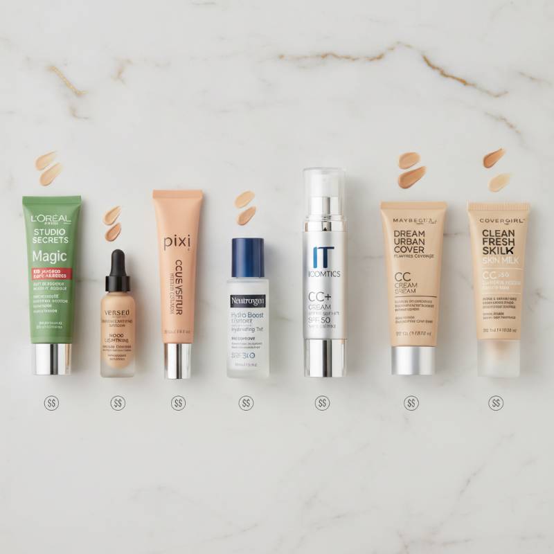 Drugstore CC creams compared side by side with the high-end tube