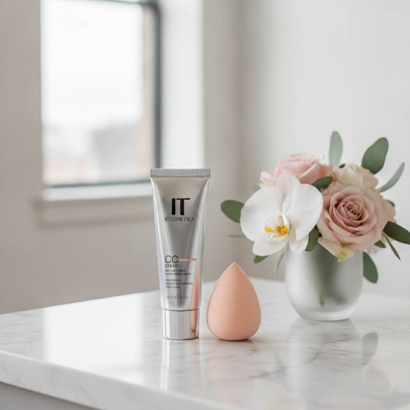 A beautifully packaged IT Cosmetics CC cream tube on a marble vanity
