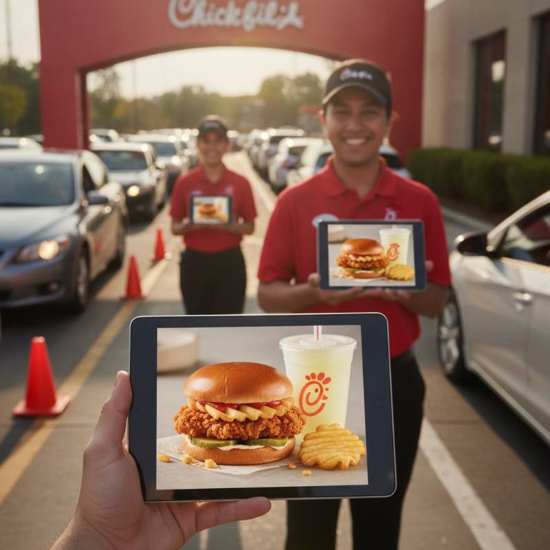 Crowded Chick-fil-A drive-thru lane with friendly employees
