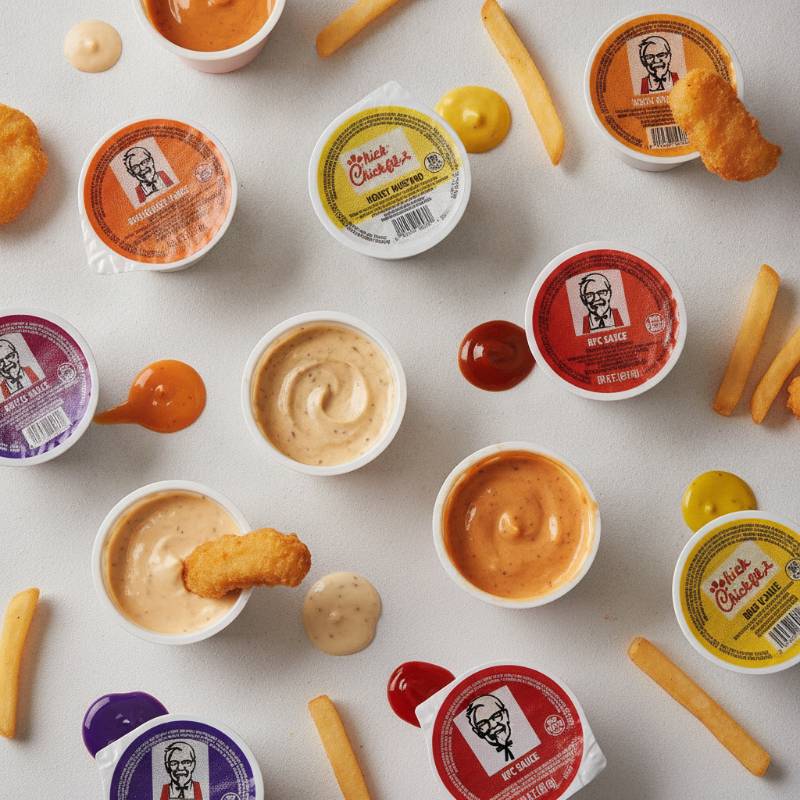 Assortment of KFC and Chick-fil-A dipping sauce tubs