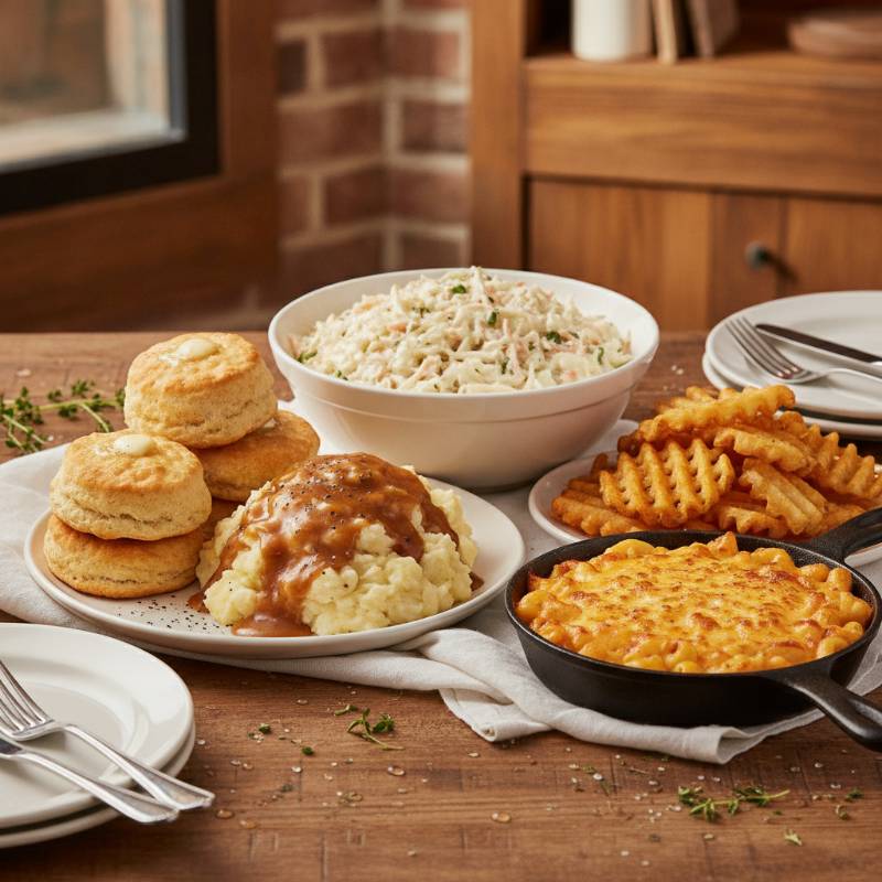 KFC coleslaw and mashed potatoes next to Chick-fil-A waffle fries