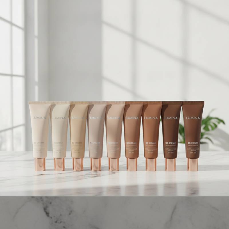 A lineup of different drugstore BB cream tubes on a clean bathroom counter, showing a variety of shades from very pale to very dark.