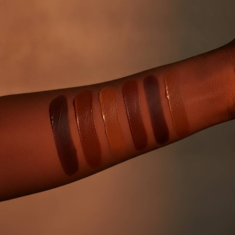 Swatches of deep, rich drugstore BB cream shades on a dark skin arm, showing beautiful warm and cool undertones.
