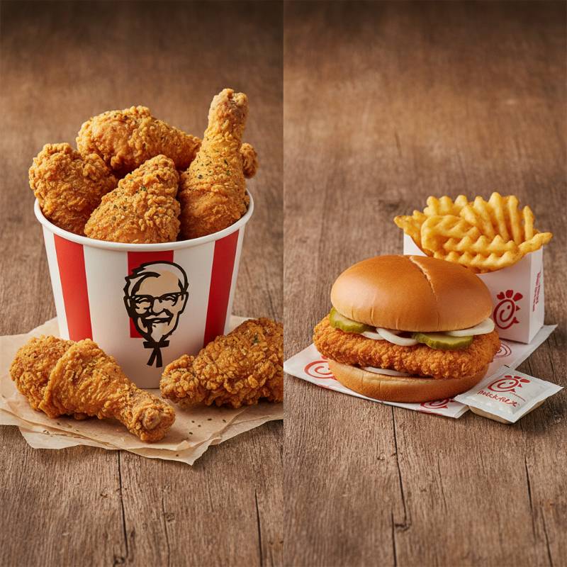 A bucket of KFC chicken and a Chick-fil-A meal side by side on a table