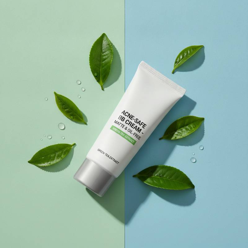 A matte-finish drugstore BB cream tube designed for oily and acne-prone skin, next to fresh green leaves.