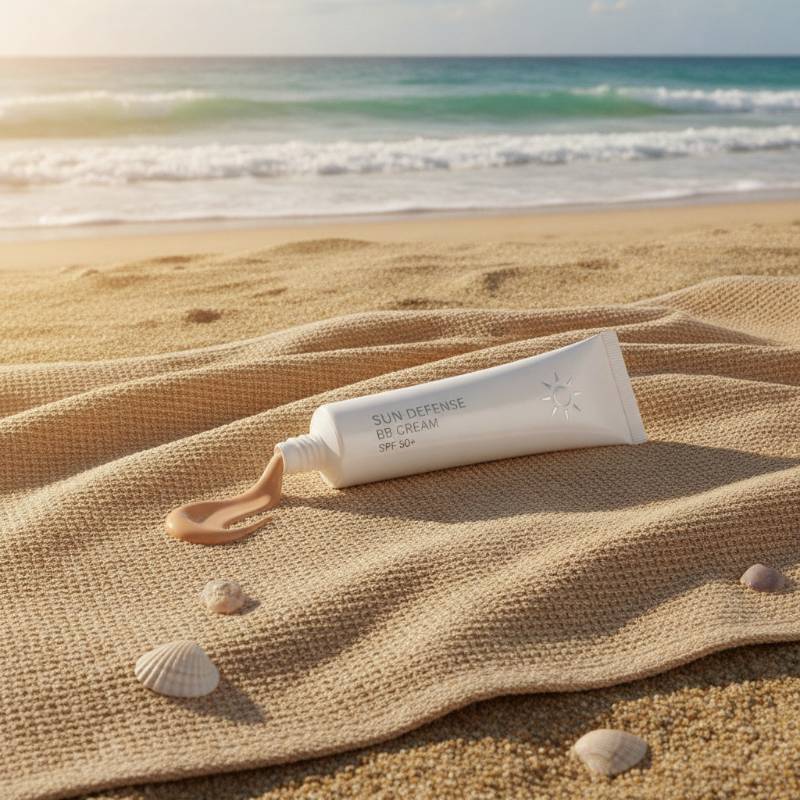 A BB cream tube next to a sun icon, representing high sun protection factor (SPF).