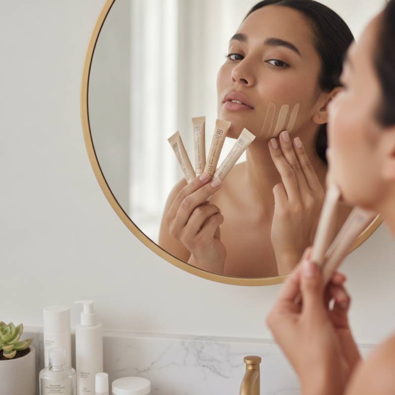 A person matching a BB cream shade on their jawline in front of a bright mirror.