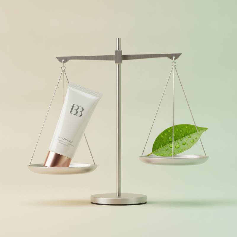 A balance scale with a drugstore BB cream tube on one side and a glowing leaf on the other, representing benefits and drawbacks.